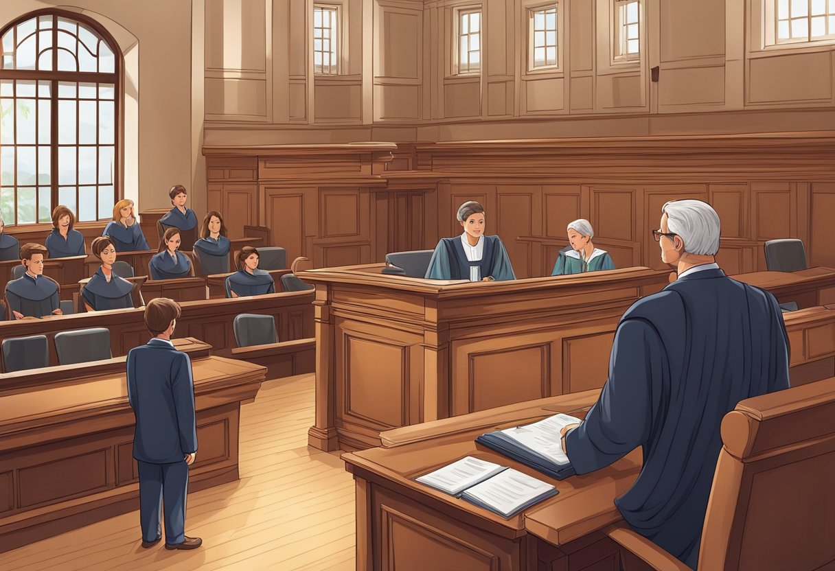 A courtroom with a judge presiding over a case involving parental responsibility and the well-being of their children